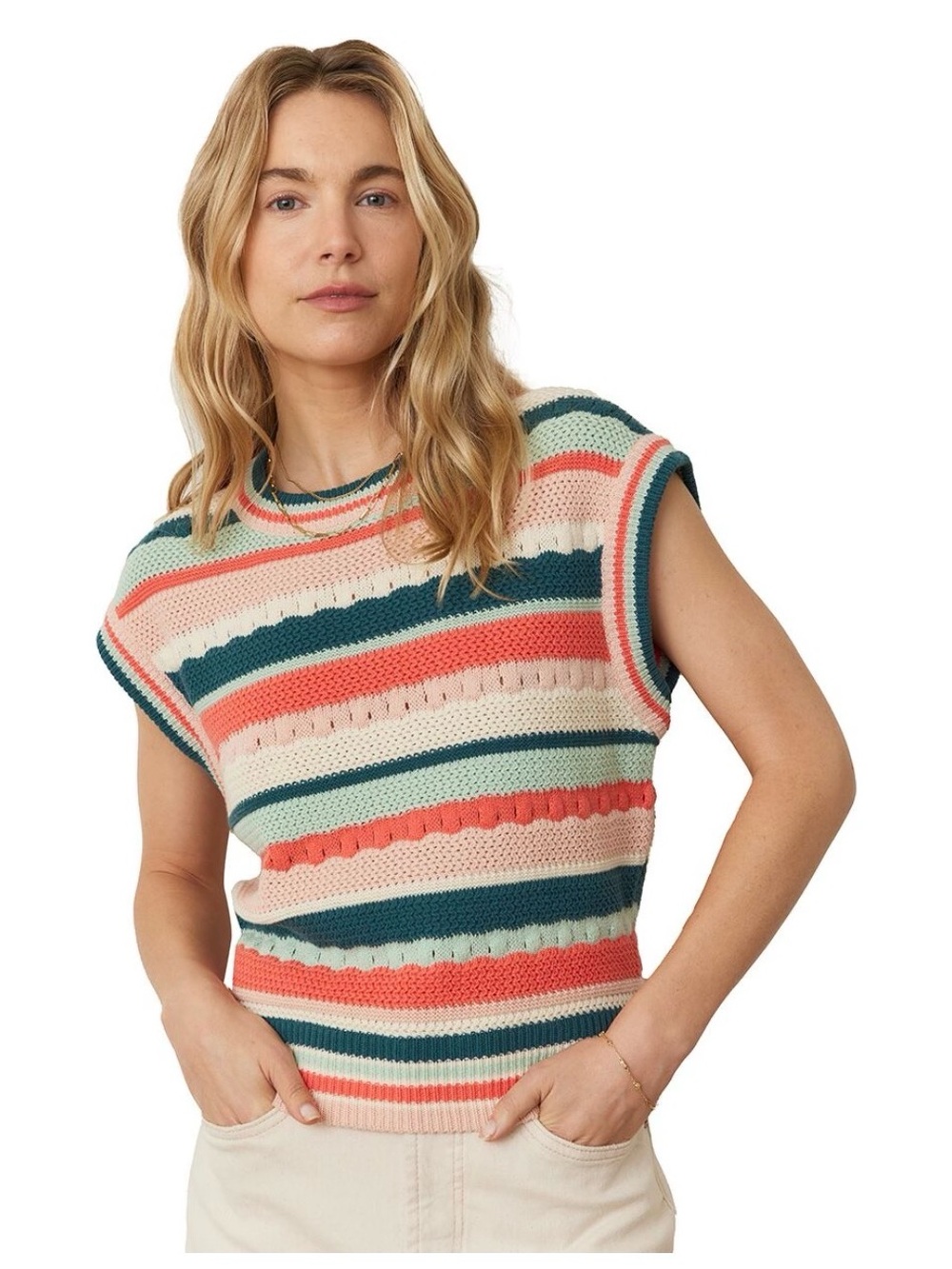 Marine Layer Rory Striped Knit Sleeveless Sweater - Coral, Teal & Cream